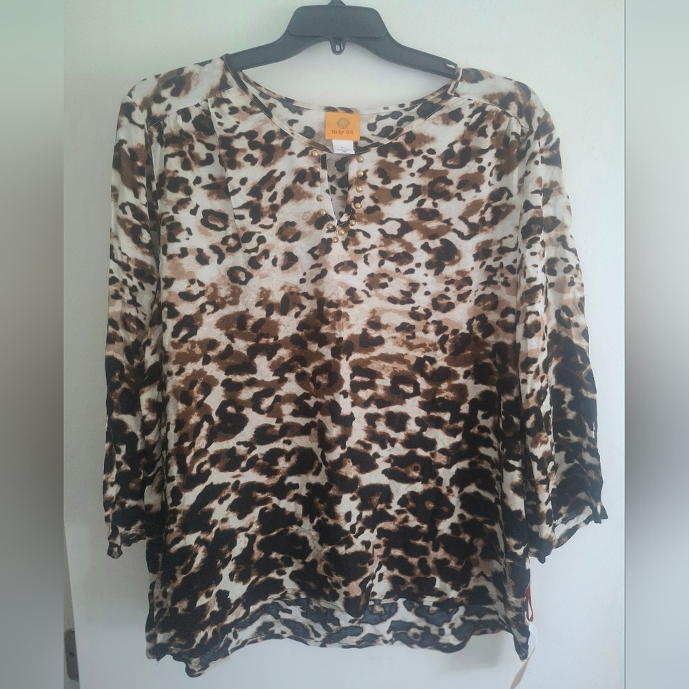 Ruby Rd Leopard Print Top XL NWT Gold Studded Neckline